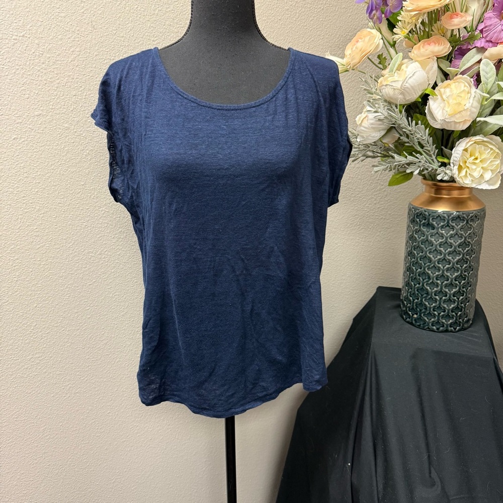 Tahari 100% Linen Navy Blue Short Sleeve Top XL Lightweight Summer Blouse